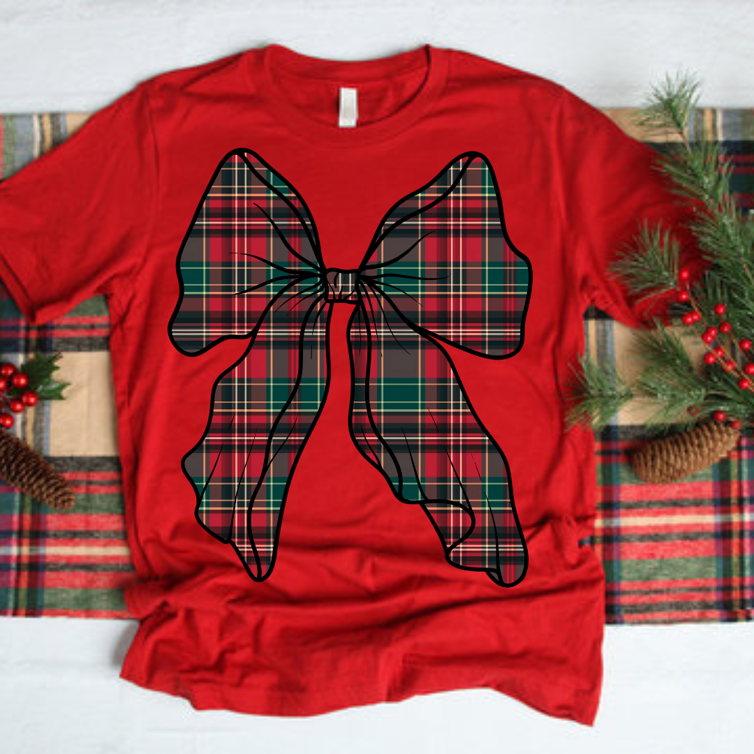 DTF Full Color TShirt Transfer - Red Christmas Plaid Bow