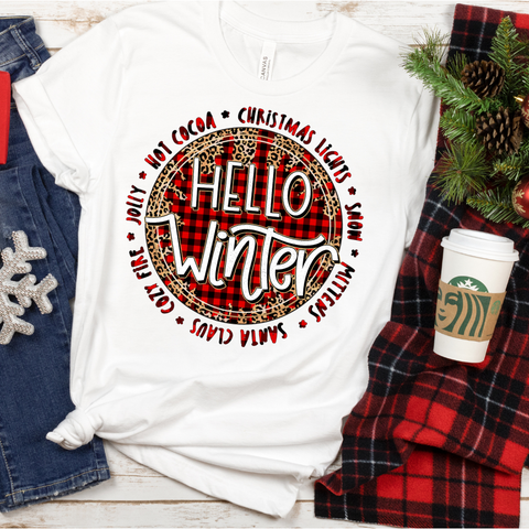 DTF Full Color TShirt Transfer - Hello Winter Circle Plaid