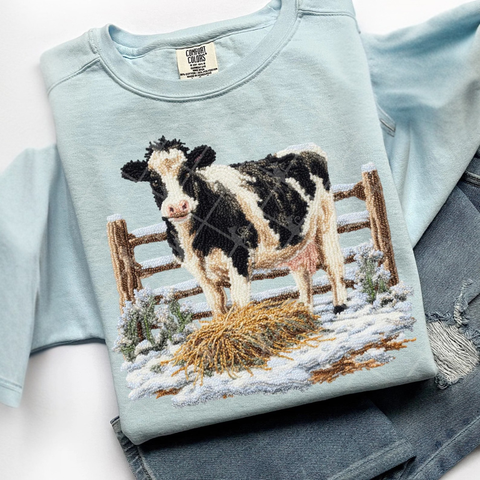 DTF Full Color TShirt Transfer - Faux Yarn Winter Cow