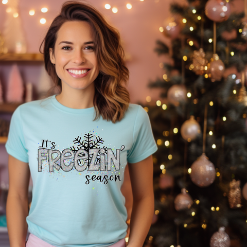 DTF Full Color TShirt Transfer - Freezin' Season Silver Faux Glitter