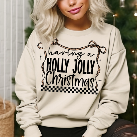 DTF Full Color TShirt Transfer - Having A Holly Jolly Christmas Large Leopard Bow