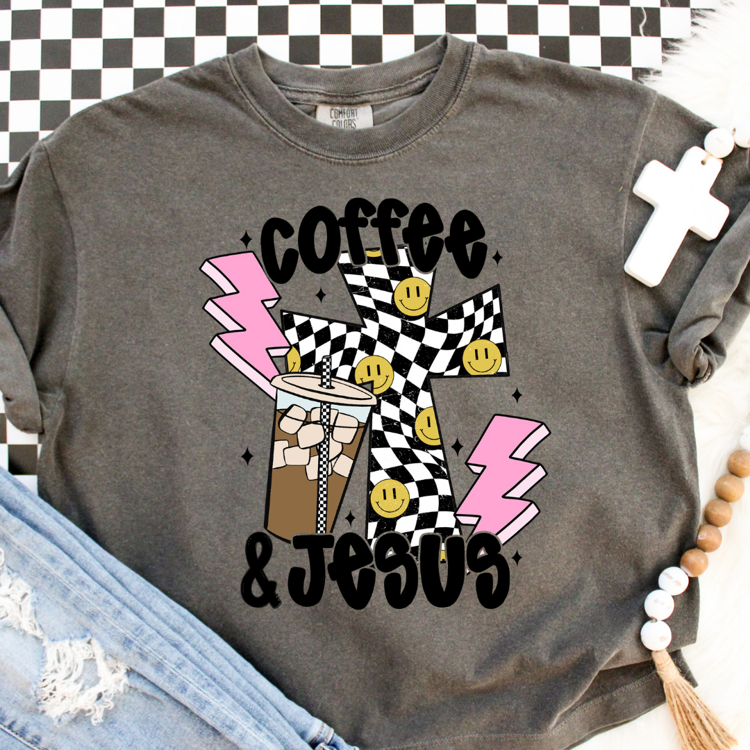 DTF Full Color TShirt Transfer - Coffee & Jesus Check Cross