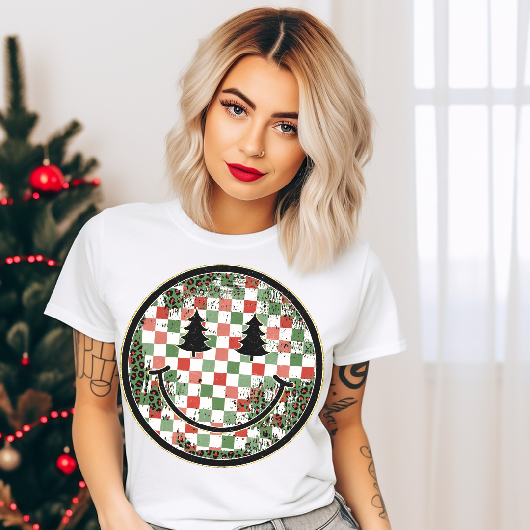 DTF Full Color TShirt Transfer - Distressed Checkered Christmas Tree Smiley