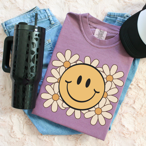 DTF Full Color TShirt Transfer - Yellow Smiley with Daisies
