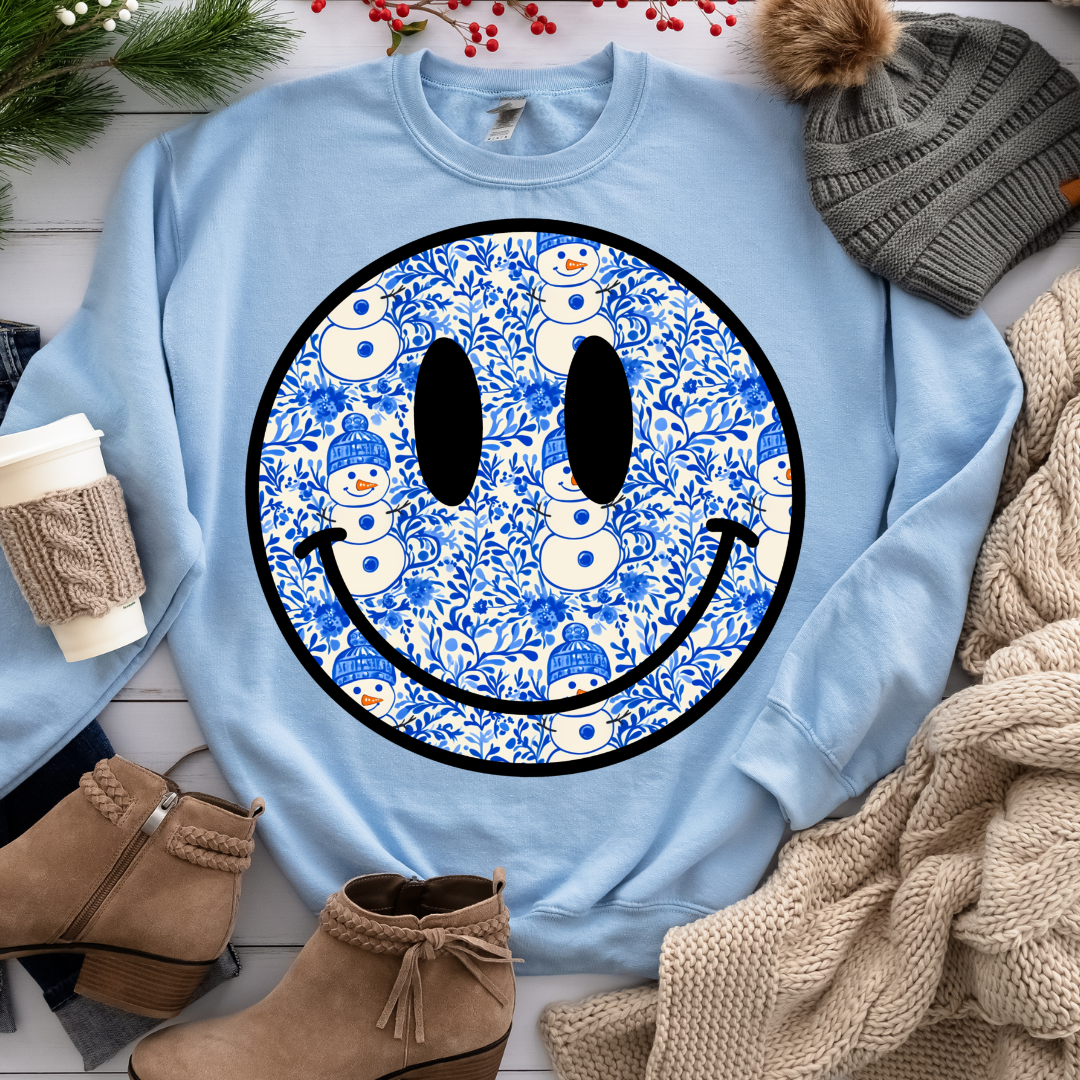 DTF Full Color TShirt Transfer - Blue Floral Snowman Smiley