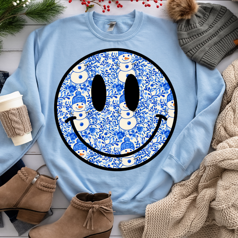 DTF Full Color TShirt Transfer - Blue Floral Snowman Smiley