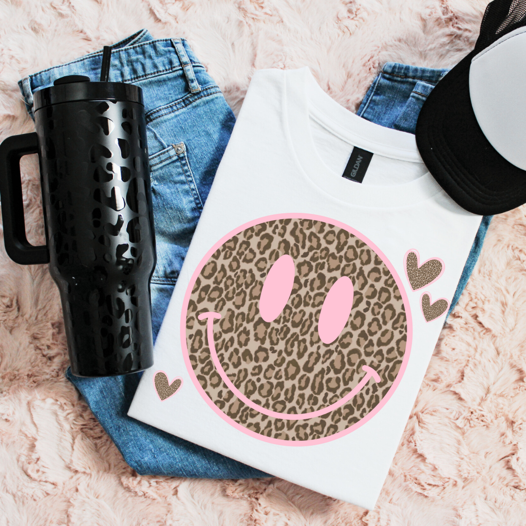 DTF Full Color TShirt Transfer - Leopard Hearts Smiley