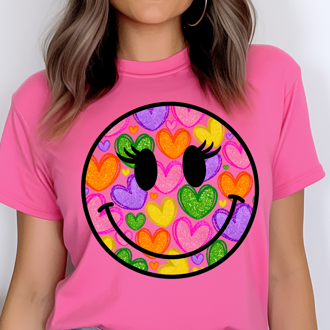 DTF Full Color TShirt Transfer - Hearts Smiley w/Eyelashes