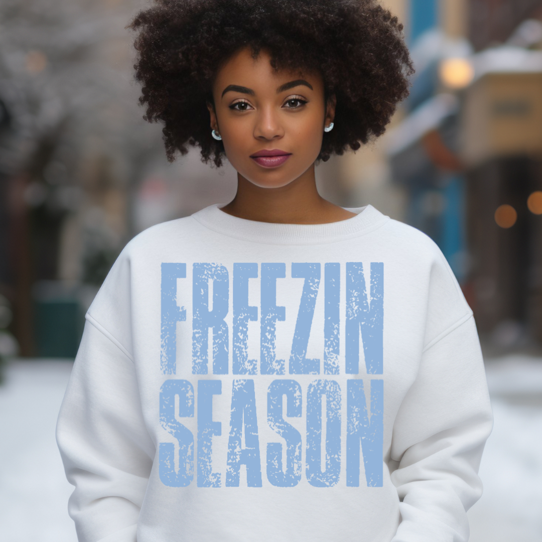 DTF Full Color TShirt Transfer - Freezin Season Light Blue Block Letters