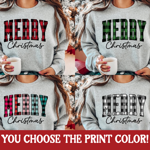 DTF Full Color TShirt Transfer - Merry Christmas Plaid (YOU PICK THE COLOR!)