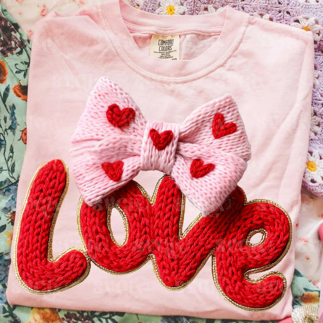 DTF Full Color TShirt Transfer - Faux Knit LOVE with Bow