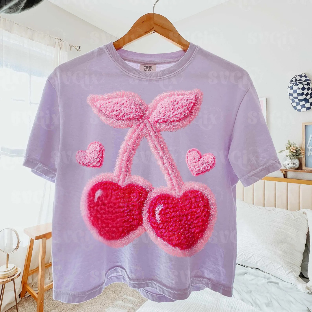 DTF Full Color TShirt Transfer - Faux Chenille Valentine Cherries