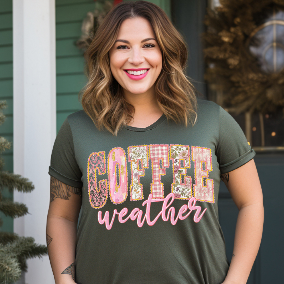 DTF Full Color TShirt Transfer - Patchwork Coffee Weather Pink