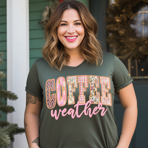 DTF Full Color TShirt Transfer - Patchwork Coffee Weather Pink