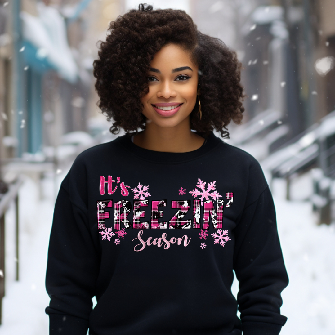 DTF Full Color TShirt Transfer - It's Freezin Season Pink Plaid Cow