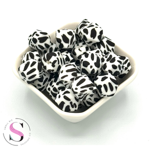 14mm Printed Hexagon Silicone Bead - Black Cow Spot