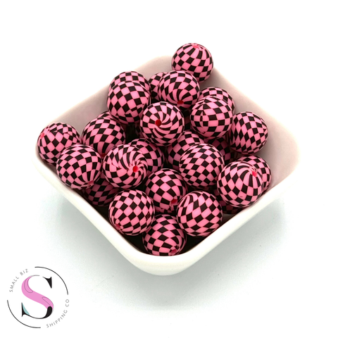 15mm Printed Silicone Bead - Hot Pink Check