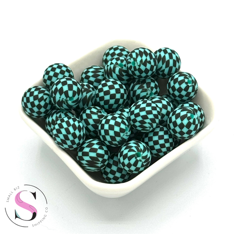 15mm Printed Silicone Bead - Turquoise Check