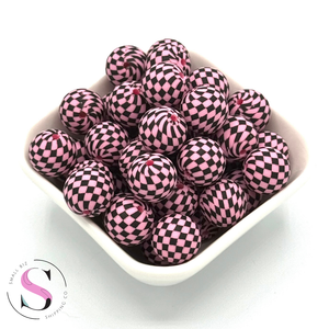 15mm Printed Silicone Bead - Pink Check