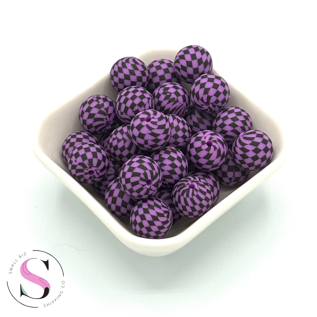 15mm Printed Silicone Bead - Purple Check