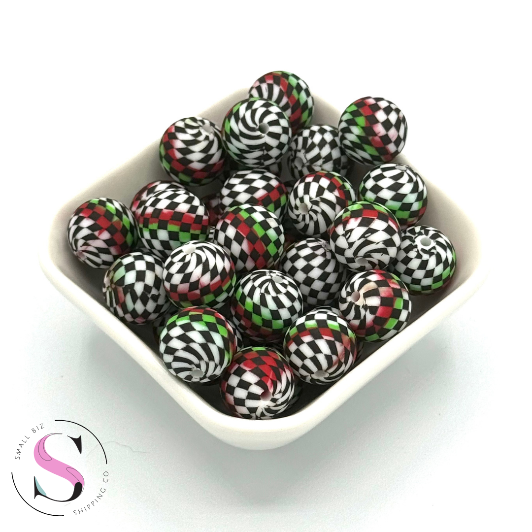 15mm Printed Silicone Bead - Christmas Swirl Check