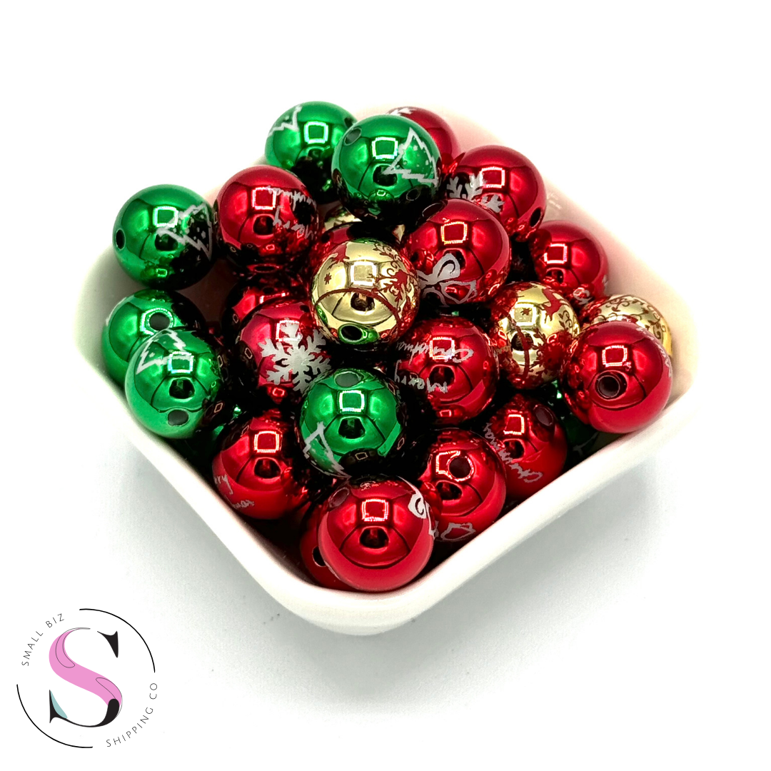 16mm Acrylic Beads - Printed Christmas Reflective Beads