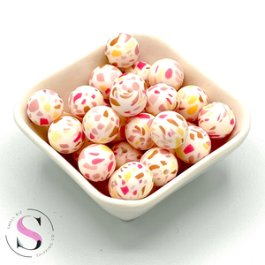 15mm Printed Silicone Bead - White & Pink Terrazzo