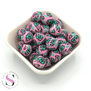 15mm Printed Silicone Bead - Pink Aqua Aztec