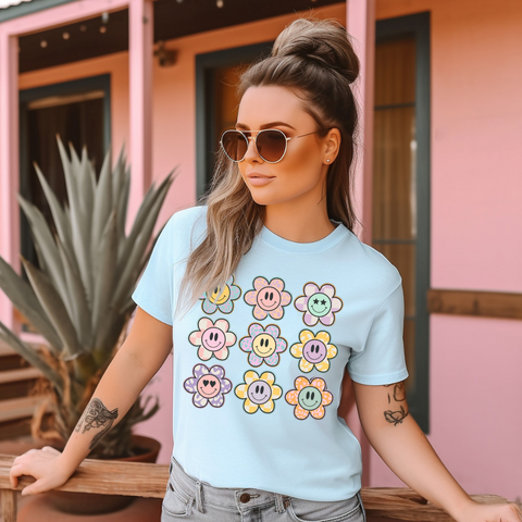 DTF Full Color Transfer - Smiley Pastel Daisies