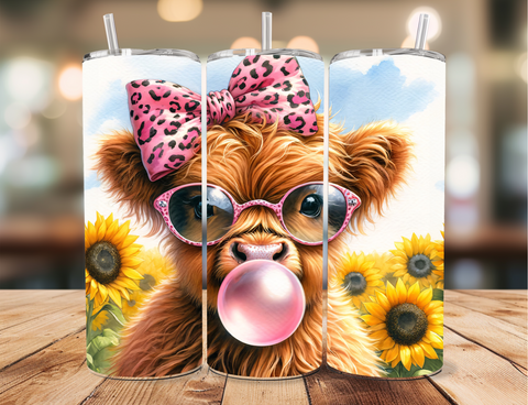 Skinny Tumbler Sublimation Wrap - Highland Cow Bubble Gum