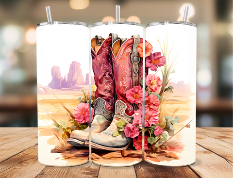 Skinny Tumbler Sublimation Wrap - Pink Floral Boots