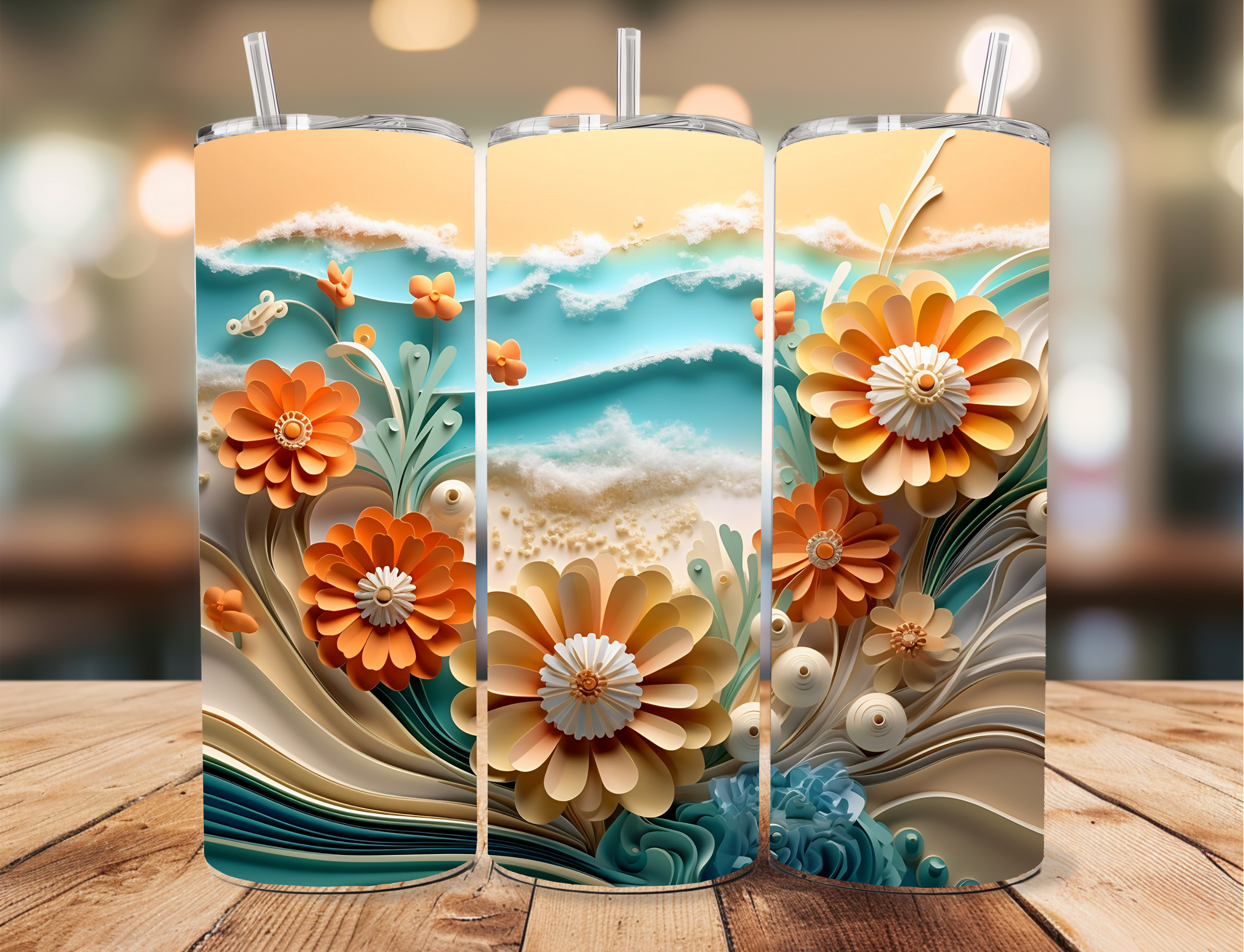 Skinny Tumbler Sublimation Wrap - Orange Neutral 3D Flowers