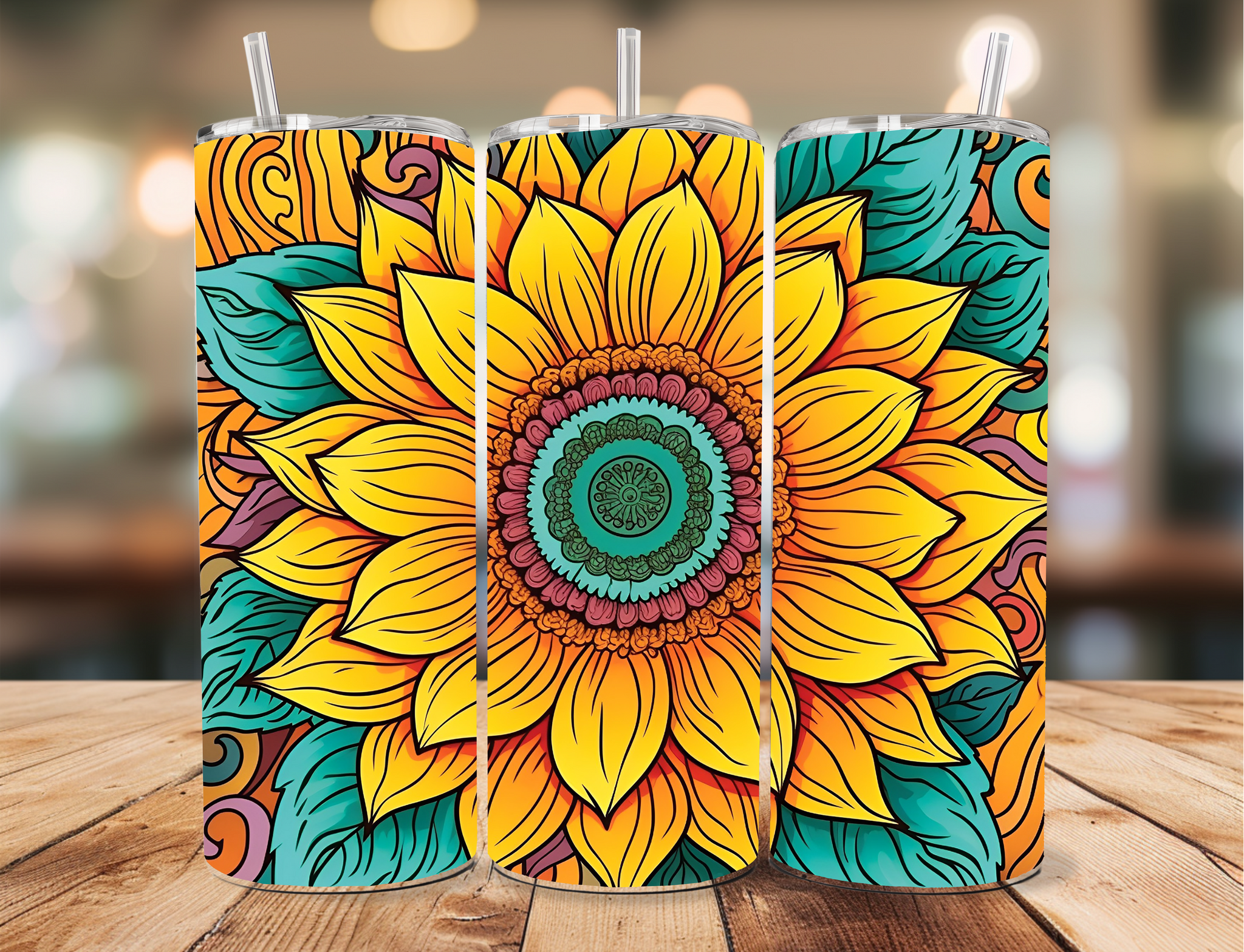 Skinny Tumbler Sublimation Wrap - Yellow Aqua Sunflower