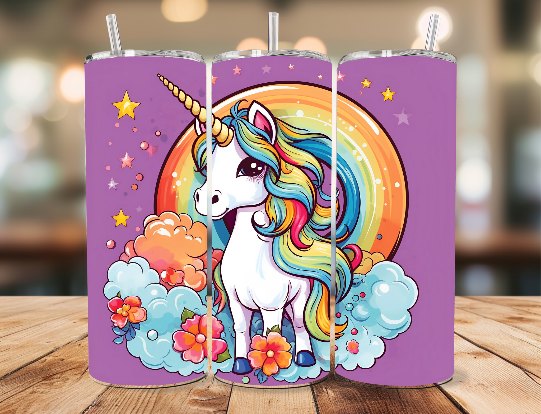 Skinny Tumbler Sublimation Wrap - Sketch Rainbow Unicorn Purple Background