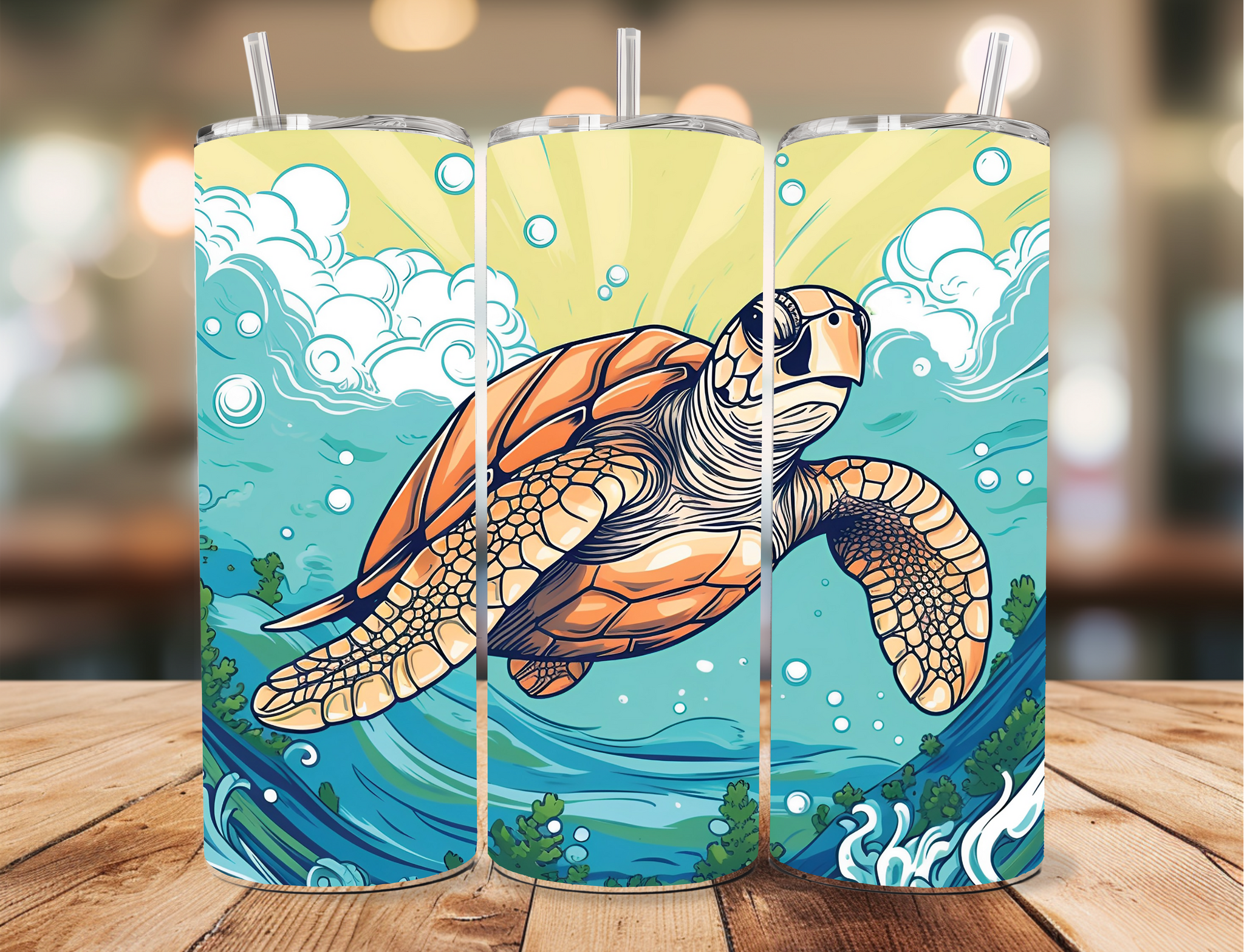 Skinny Tumbler Sublimation Wrap - Wave Sketch Sea Turtle