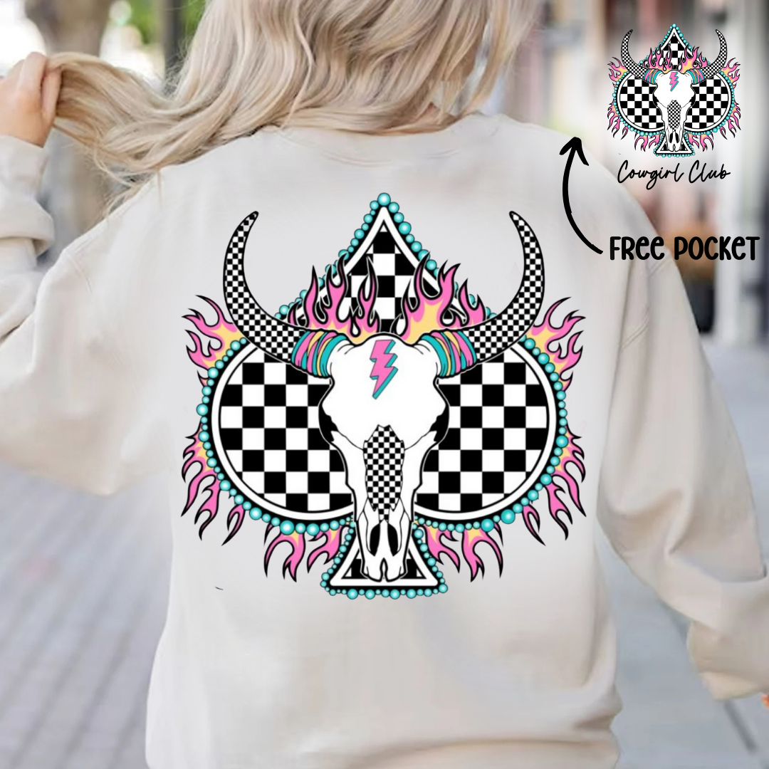 DTF Full Color Transfer - Checkered Ace & Steer (FREE POCKET!)