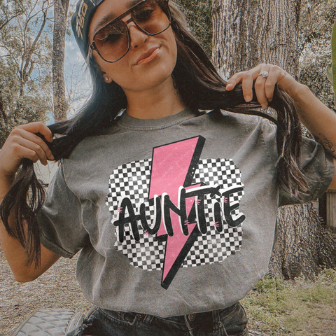 DTF Full Color Transfer - Auntie Pink Lightning Checker