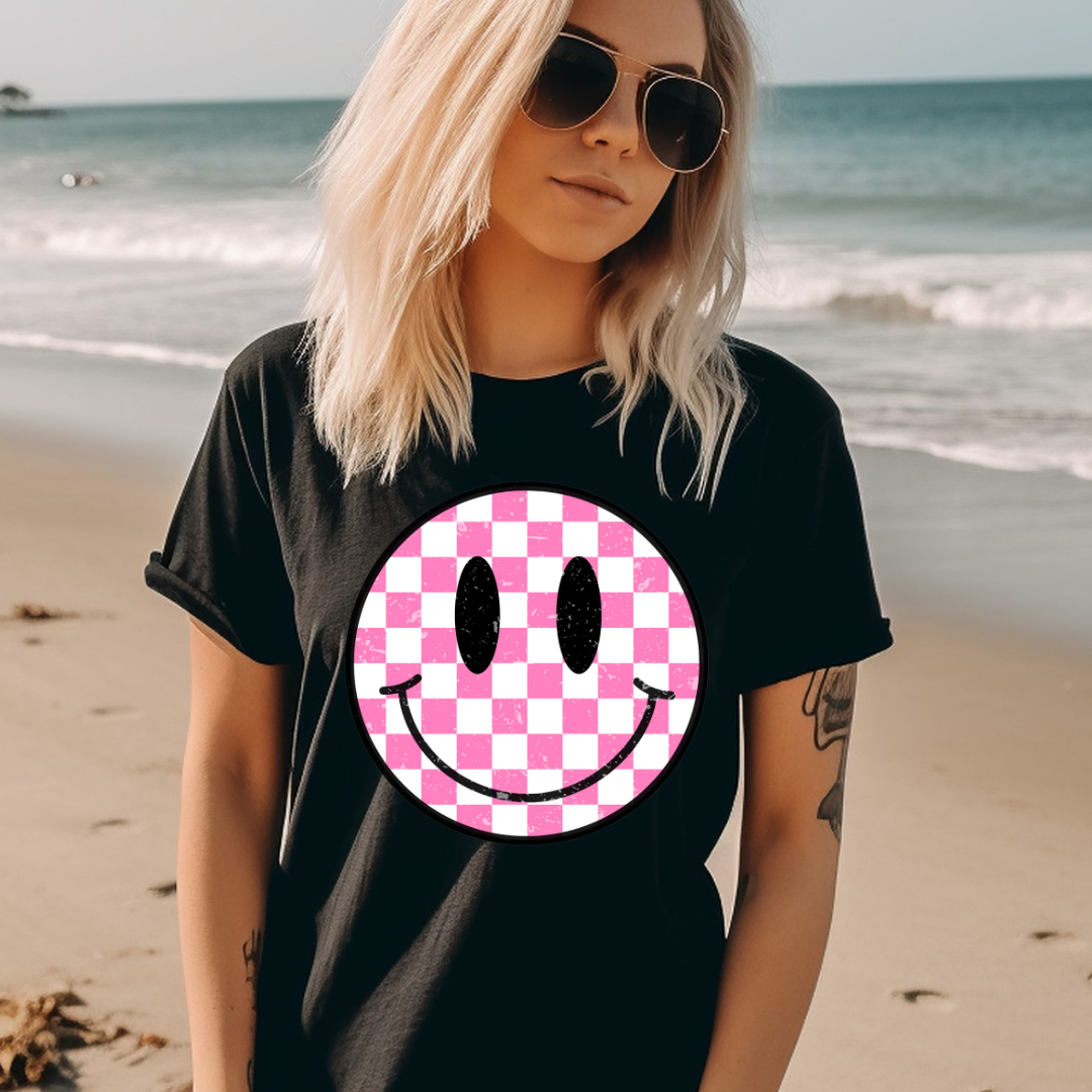DTF Full Color Transfer - Pink Check Smiley
