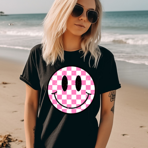 DTF Full Color Transfer - Pink Check Smiley