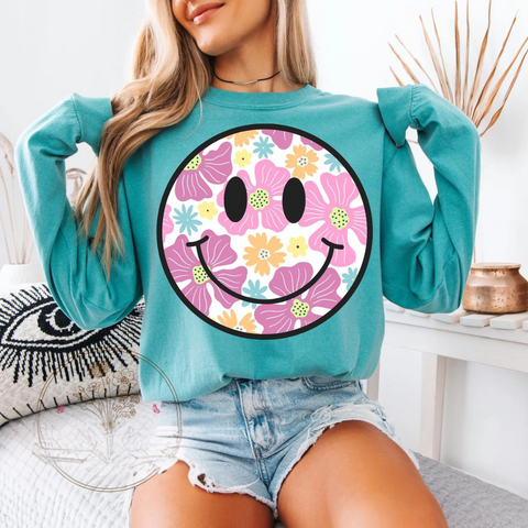 DTF Full Color Transfer - Pink Floral Smiley