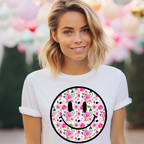 DTF Full Color Transfer - Pink Tropical Floral Smiley