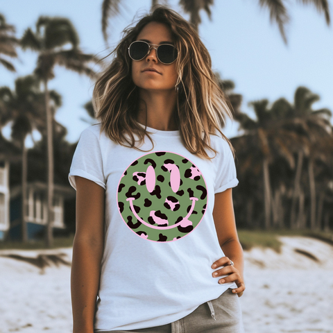 DTF Full Color Transfer - Green Pink Leopard Smiley