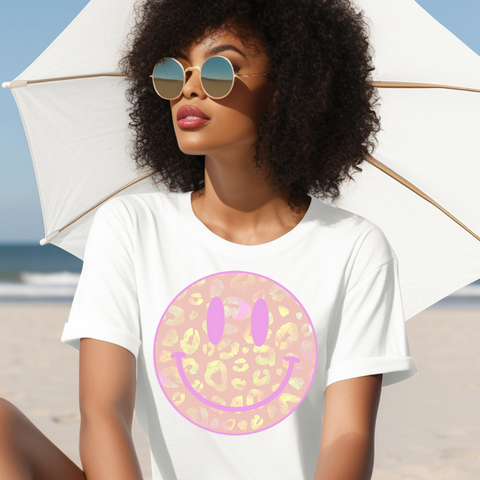 DTF Full Color Transfer - Gold Pink Leopard Smiley
