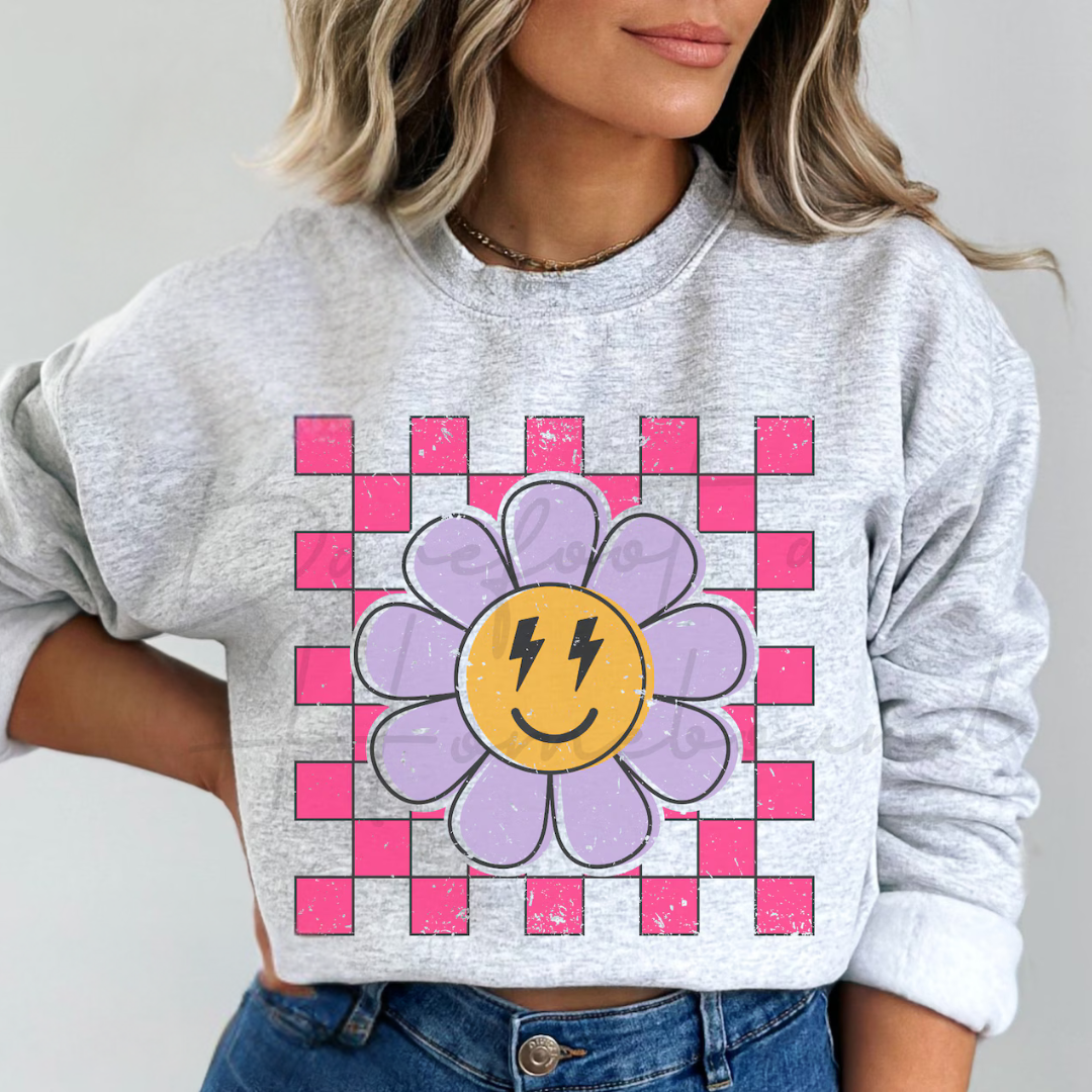 DTF Full Color Transfer - Pink Checker Purple Daisy