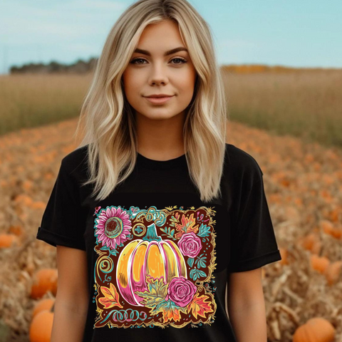 DTF Full Color Transfer - Boho Floral Painted Pumpkin - Brown Background