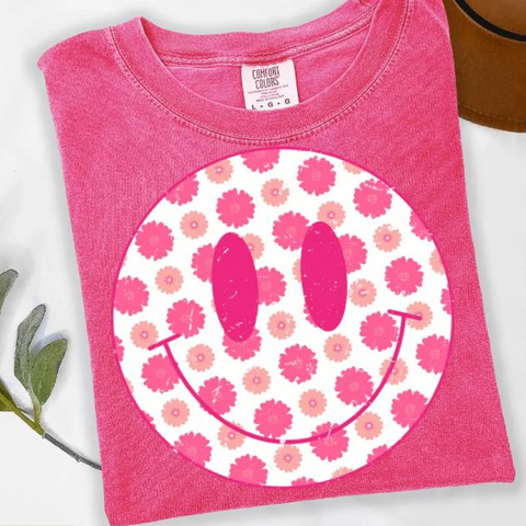 DTF Full Color Transfer - Pink Flowers Smiley