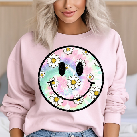 DTF Full Color Transfer - Pink Tie Dye & Daisies Smiley