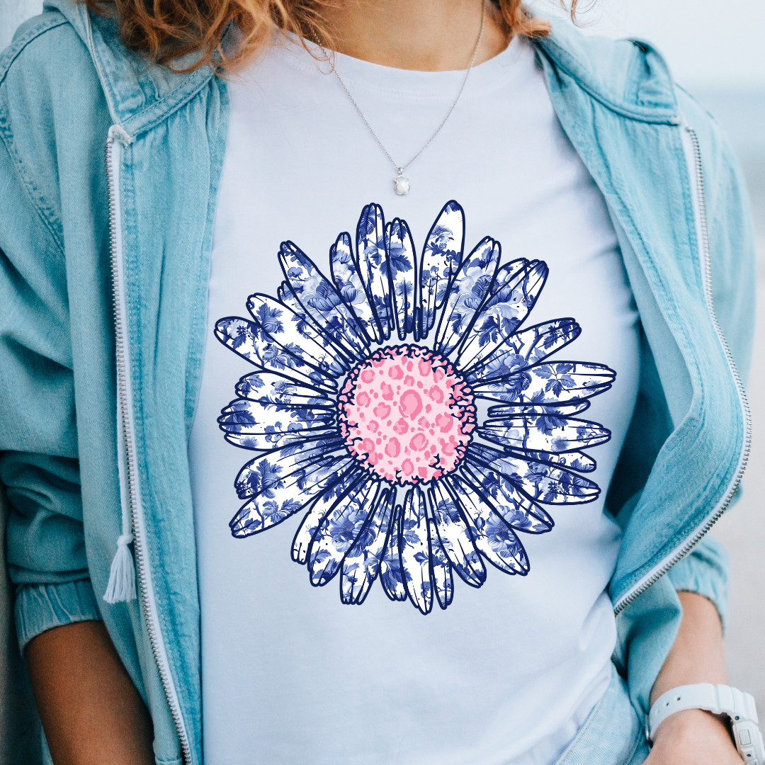 DTF Full Color Transfer - Blue Floral Pink Cheetah Flower