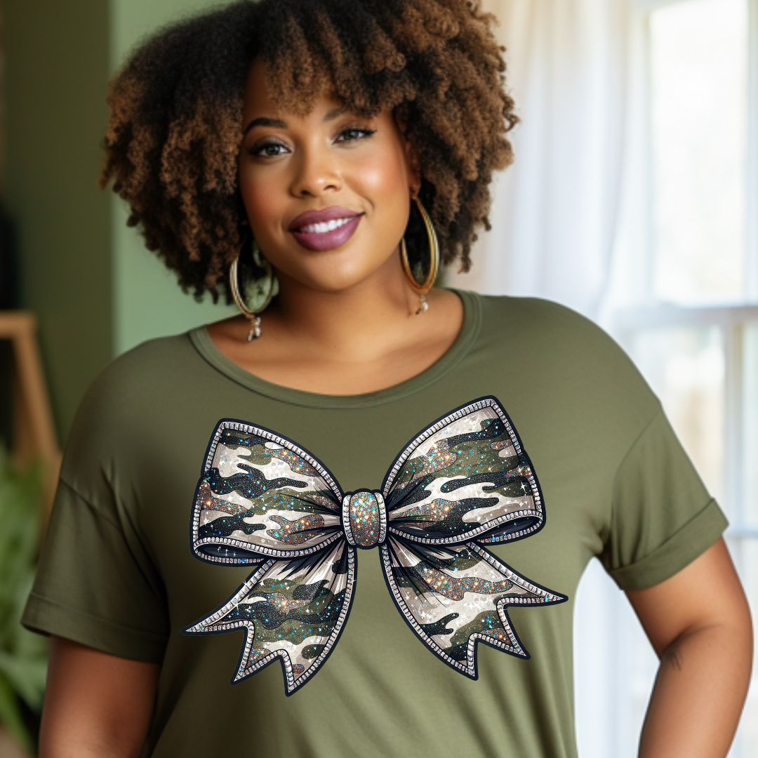 DTF Full Color Transfer - Faux Glitter Camo Bow