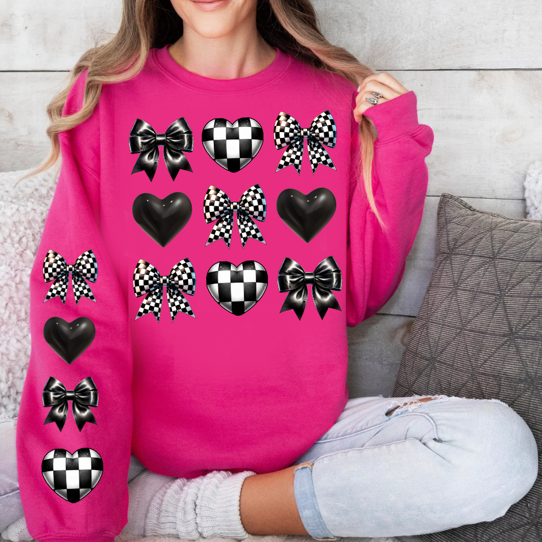 DTF Full Color TShirt Transfer - Check Hearts & Bows (FREE SLEEVES!)